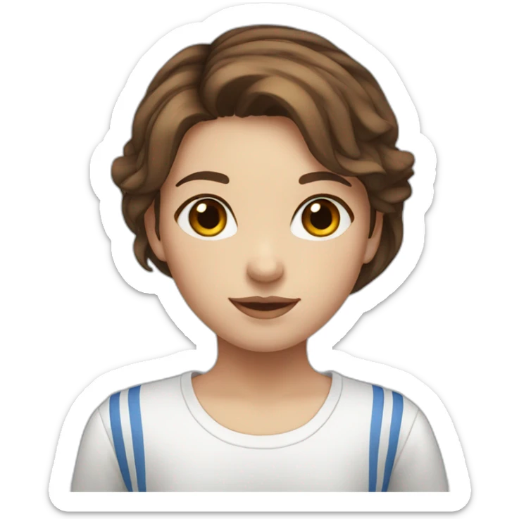 Girl with brown eyes and brown hair and white shirt with blue stripes sticker