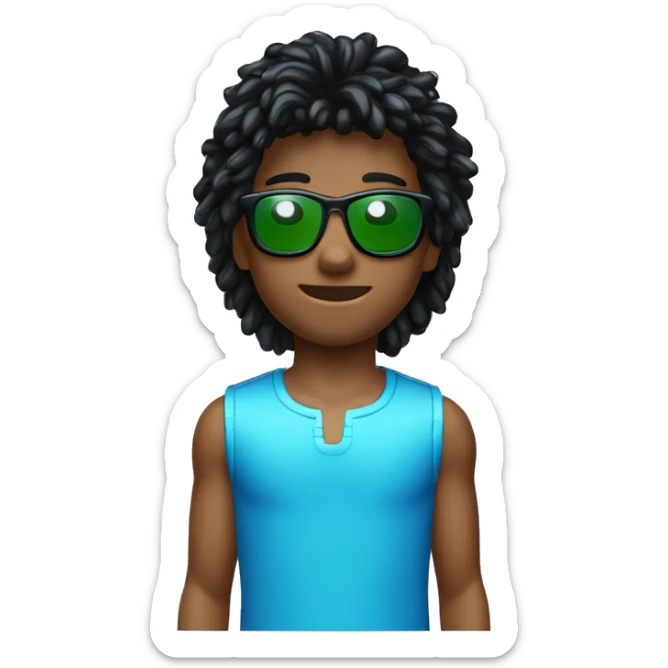 Niño con mullet shagy, pelo negro, ojos grandes y negros, nariz normal. Gafas Y2K (de tecno) grandes con los cristales azules y la montura verde sticker