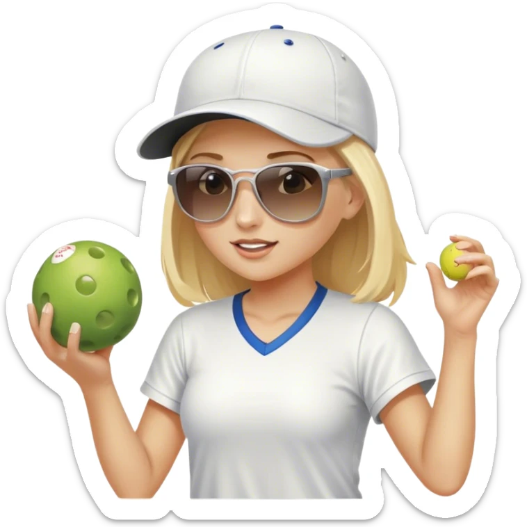 Girl with blond hair  wearing a white baseball cap and sunglasses playing pickleball sticker