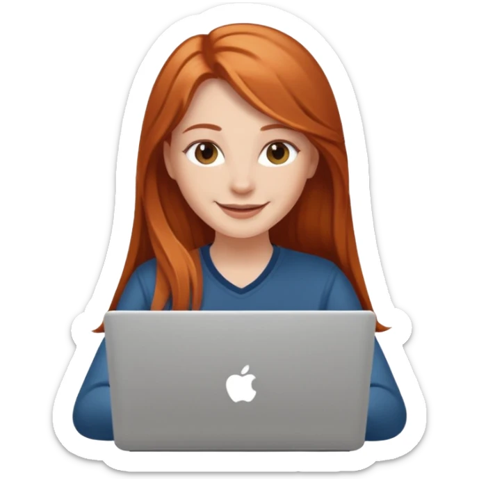 Chica blanca con cabello cobrizo largo vestida de blanco sonriendo en laptop sticker