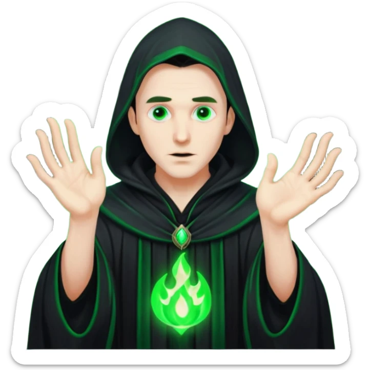 A dark sorcerer in flowing black robes, conjuring eerie green flames sticker