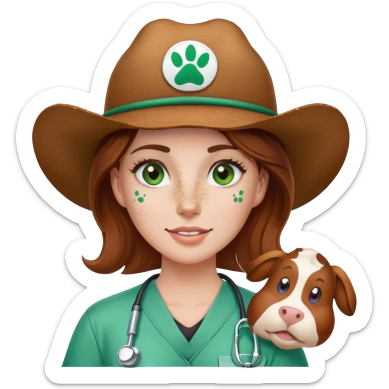 Pale Woman with brown hair and green eyes and freckles on her cheek bones wearing scrubs that have a paw print logo on only the scrubs  and a cow girl hat sticker