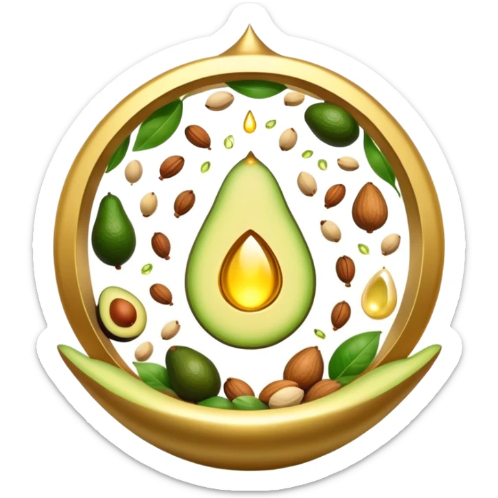 Floating aura in the shape of a golden and jade green drop, with bright icons of avocado, nuts, olive oil and ethereal fish spinning in a circle, surrounding a warm heart and illuminated brain, wrapped in a soft glow of protection and stable energy sticker