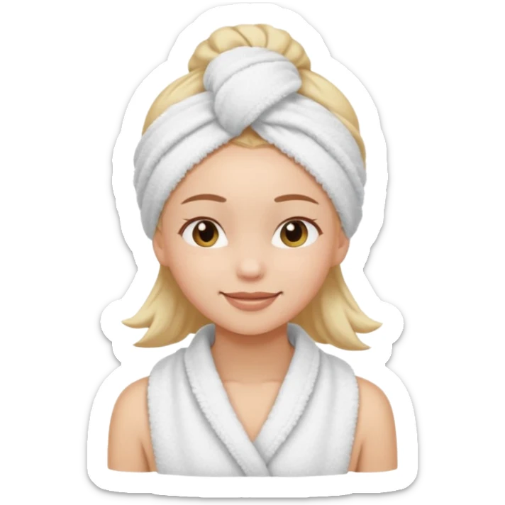 cute girl with her eyes closed and smiling, wearing a spa towel as her clothes in she has a spa towel on her hair sticker