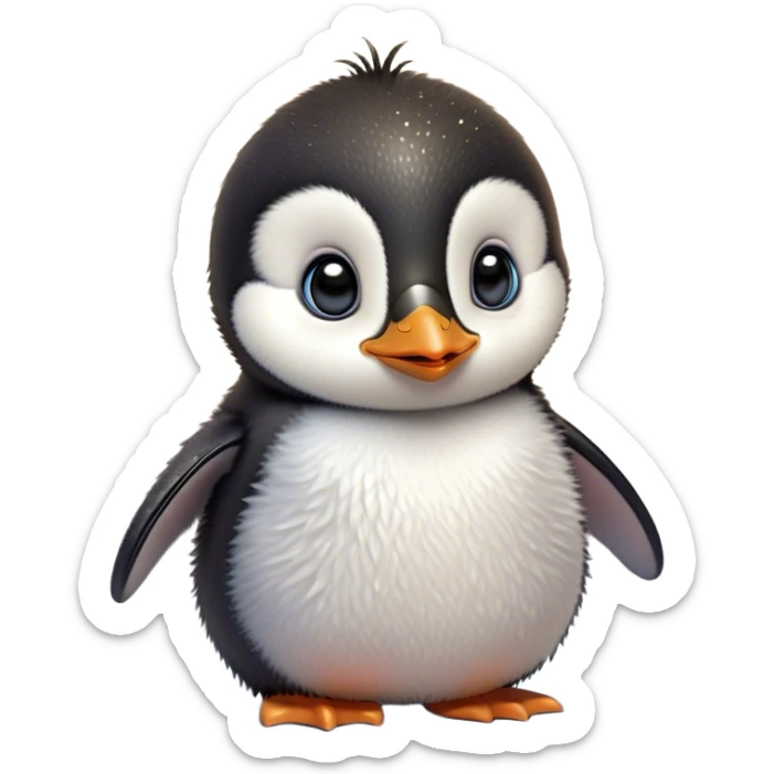 Cinematic Cute Baby Penguin Portrait Emoji, Head tilted playfully and inquisitively, with irresistibly fluffy plumage accented by a tiny beak and round, sparkling eyes filled with wonder, Simplified yet irresistibly adorable features, highly detailed, glowing with a warm, friendly polar glow, high shine, affectionate and lively, stylized with a touch of whimsical charm, bright and endearing, soft glowing outline, capturing the essence of a mischievous yet loving penguin that feels like it could slide out of the screen into your arms! sticker