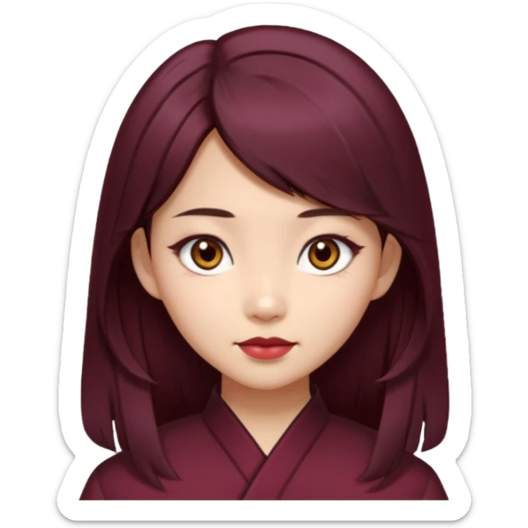 asian girl, long dark burgundy brown hair, hazel brown eyes, half lidded eyes, wolfcut hairstyle sticker