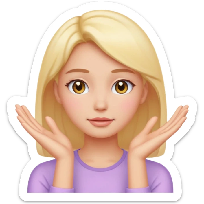 Emoji of glowing female face with hands on cheeks, skincare, pastel, flat, minimal sticker