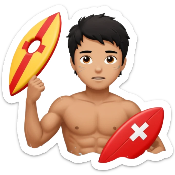 Dark Tan Muscular teen lifeguard boy with messy black hair in action saving a life sticker