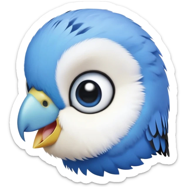 cinematic-cute-blue-budgie-portrait-emoji,-head-tilted-playfully-and-inquisitively,-featuring-a-brilliant-blue-feathered-fur-and white and black face-with-a-natural-sheen,-round,-sparkling-dark-eyes-filled-with-curiosity,-simplified-yet-irresistibly-adorable sticker
