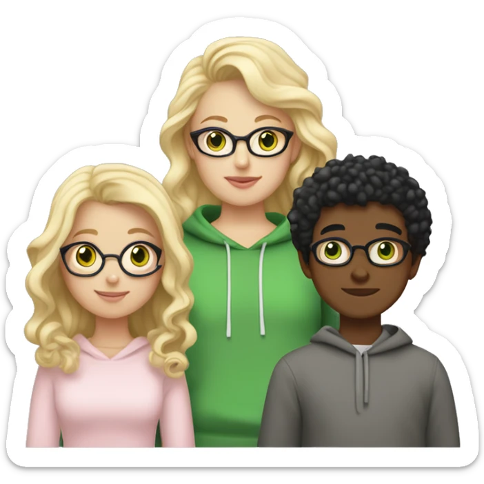 Curvy girl with long blonde hair and green eyes wearing a light pink sweater and white skirt holding hands with a brown boy with short curly black hair and glasses wearing a grey hoodie sticker