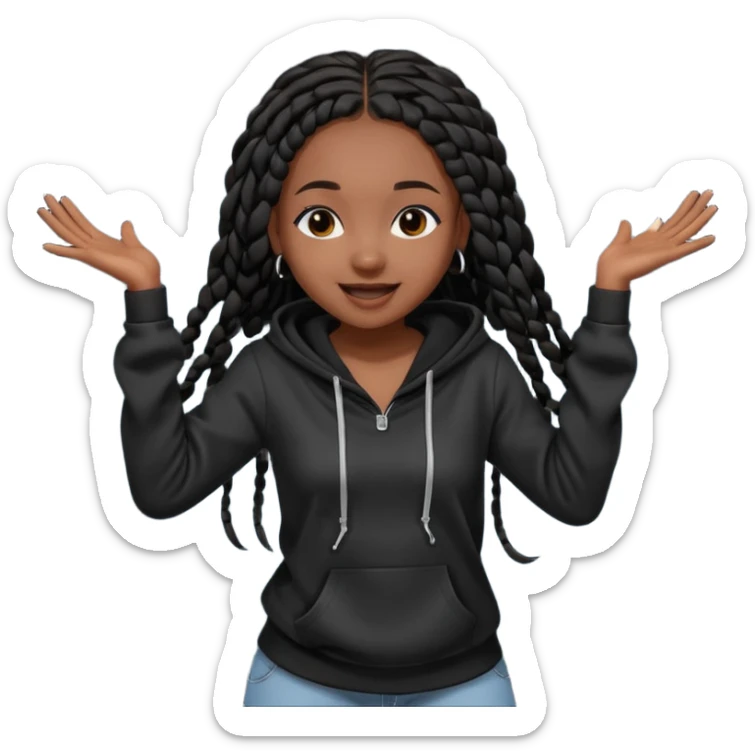 African American girl dark skin complextion long black box braids wearing plain black hoodie dancing sticker