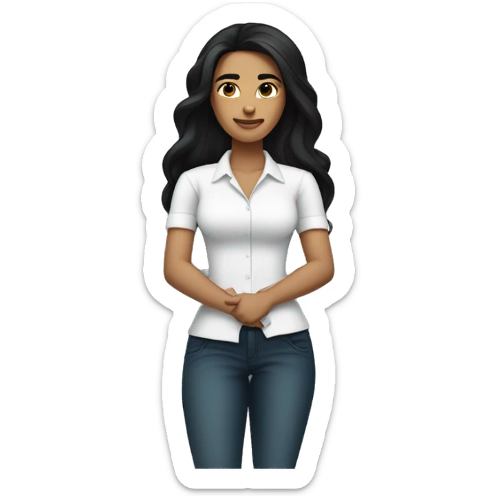 A woman with a confident expression, arms crossed, long black hair, wearing a bright white shirt, light skin tone
 sticker