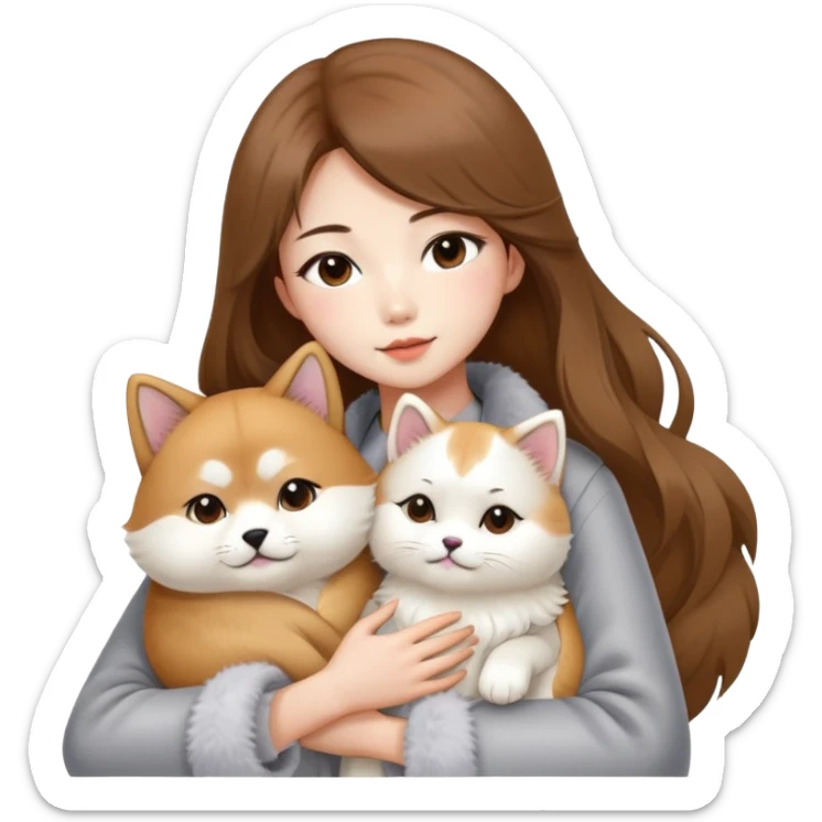 A Chinese fashion girl with brown hair, wearing a light gray fur coat, hugging a Shiba Inu and a long-haired white Persian cat. sticker