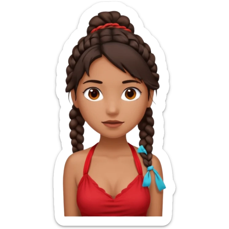 A tanned girl's face Over-the-shoulder messy braid dark brown hair with red halter top sticker
