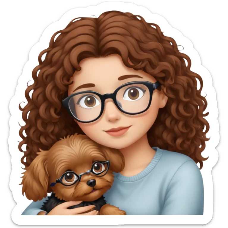 Girl with brown curly hair wearing glasses cuddling with a cute yorkie sticker