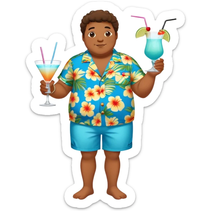 chubby guy full figure in a flowered azure havai shirt, brown shorts and flippers holding a cocktail sticker