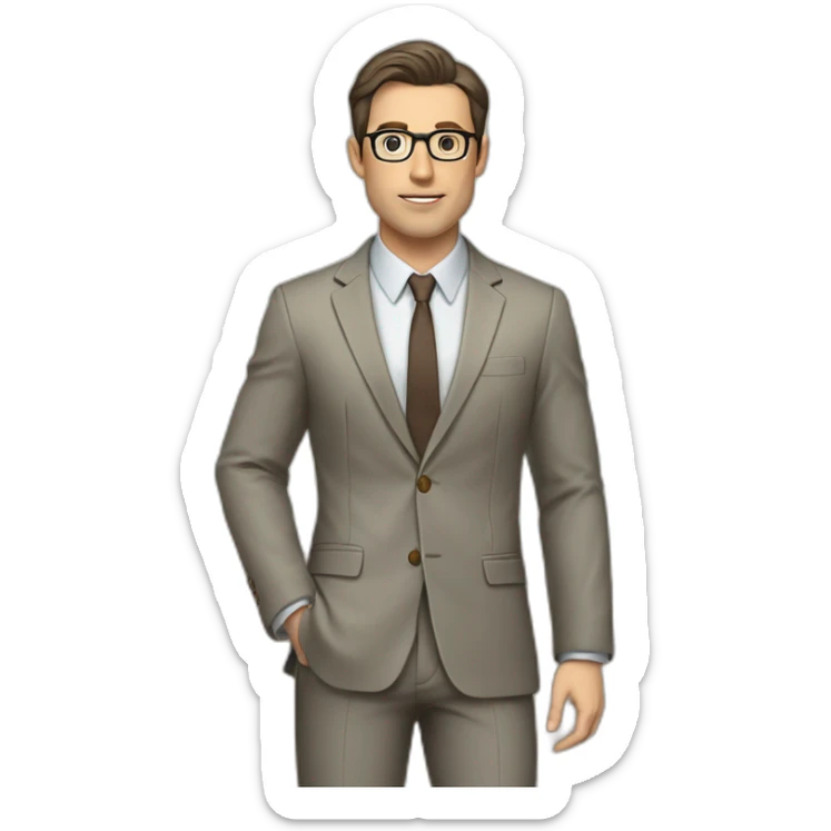 Full height Gesticulating Pale skinned fit man with dark brown hair in gray jacket, beige office shirt, brown tie, brown pants and vintage glasses. sticker