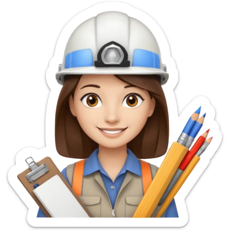 Arquitecta ojos marrones oscuros pestañas pelo marron por los hombros sonrie casco blanco material de dibujo sticker