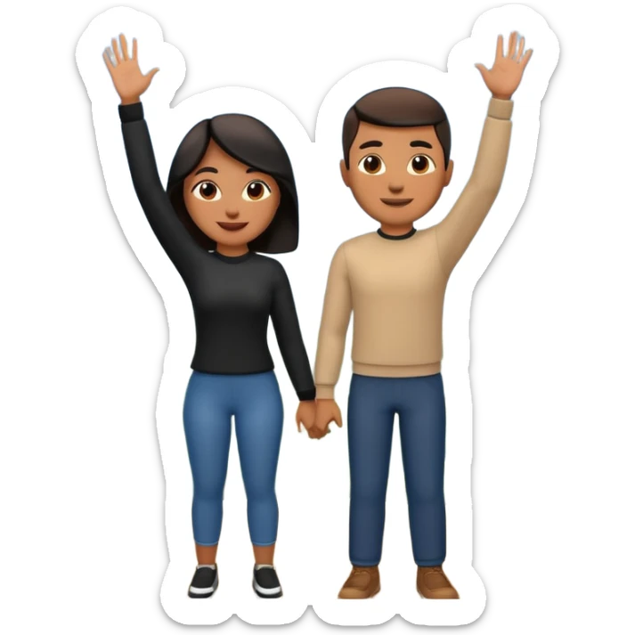 A 3D cartoon couple on top of a hill raising hands in victory, sunny sky and nature background, Memoji-style. inside photo frame. sticker