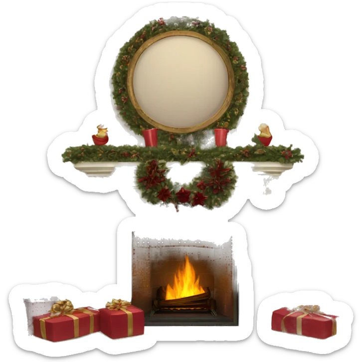 Vintage fireplace with Christmas wreaths with burgundy ornaments with stockings sticker