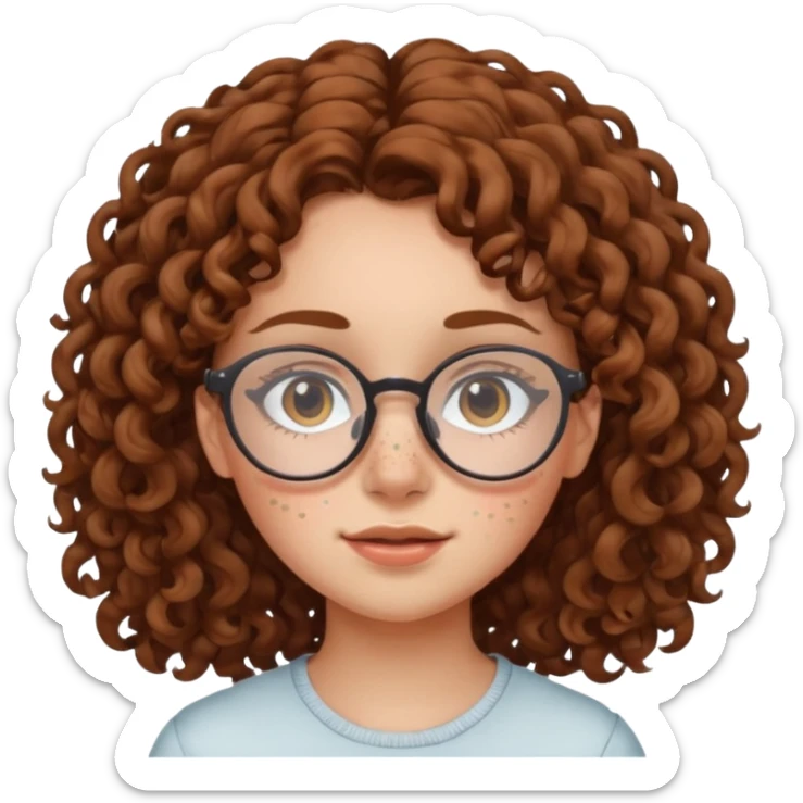 make a really curly hair, teen girl with glasses and late acne that looks like freckles sticker
