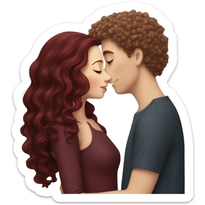 White girl with long burgundy hair kissing a white boy with curly short hair under a sky of star sticker