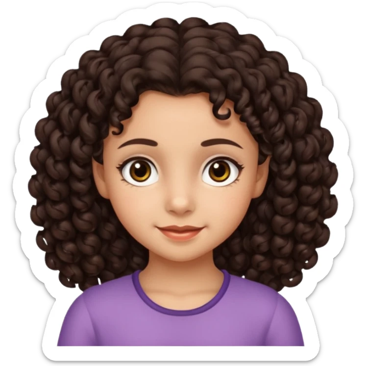 10 year old girl, morena, dark brown curly hair, smirking expression, big eyes sticker