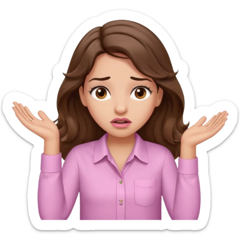 girl with wavy long brown hair, brown eyes, light to medium complexion, long lashes, light pink lipstick, wearing light pink shirt, shrugging with both hands, confused sticker