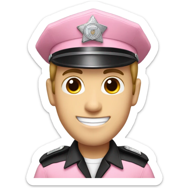 white male smiling with dark receding hair wearing a pink police uniform sticker
