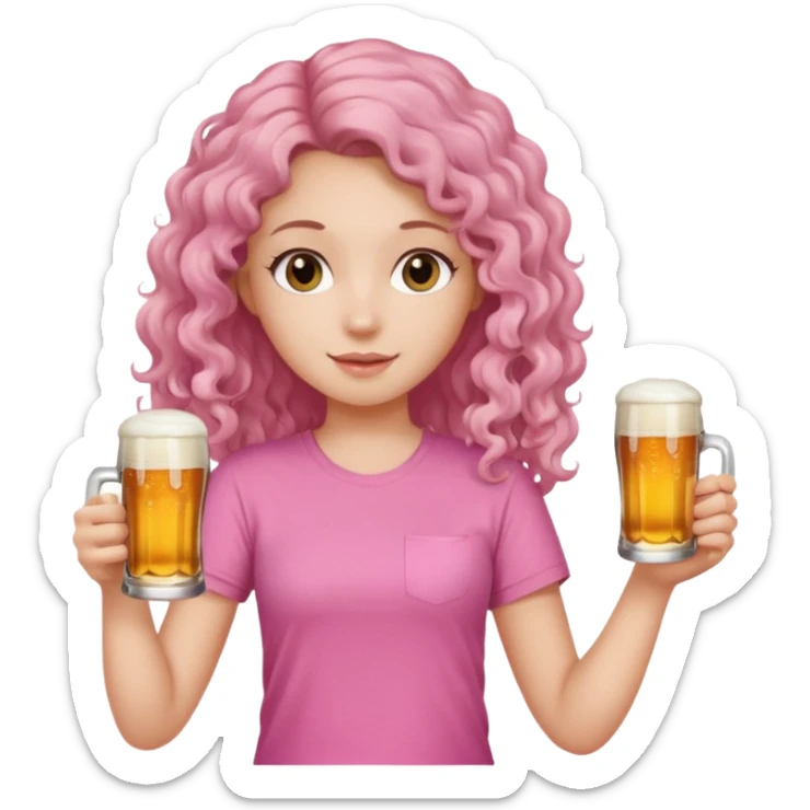 A girl with long, slightly curly, fair hair, in a pink T-shirt, holding a beer in her hands. sticker