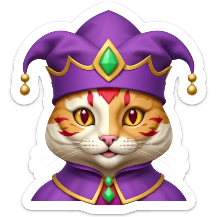 crazy colorful cute little cat jolly joker from poker, medieval, vintage, court jester, mac os icon, purple, gold and red color, half body. Squared shape as 3D mac os icon sticker
