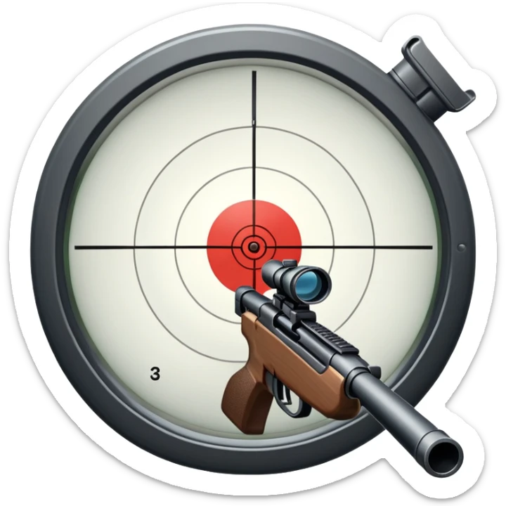 An icon showing the view through a gun's crosshair, with a rifle aimed at a target. The design highlights the sharp focus and intensity of FPS games, with dynamic targeting lines and a sense of action. Transparent background emphasizes the precision and thrill of first-person shooters. sticker