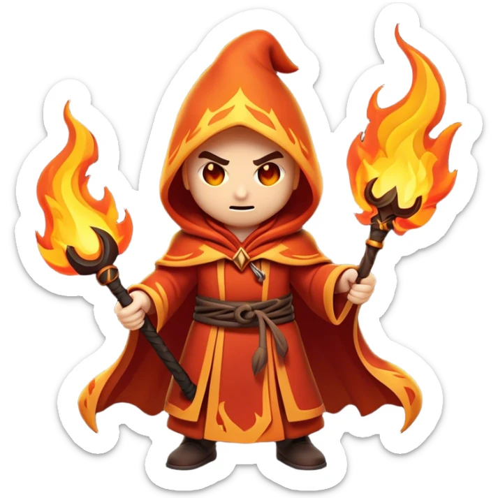 Clash of Clans aesthetic: Cinematic Ferocious Fire Mage Hero Emoji, rendered in a 3D vector-style similar to standard emojis with minimal shading and bold, simplified shapes. A compact, isometric figure draped in flowing, charred and ember-lined robes, wielding a fiery staff crackling with intense flames. Eyes burning with an infernal glow, exuding raw, untamed power. Simplified yet unmistakably iconic, highly detailed and consistent, glowing with a fiery, molten radiance and high shine. Stylized with a touch of menacing sorcery and a searing, ember-infused outline, capturing the essence of a wrathful mage ready to unleash devastating fire magic! sticker