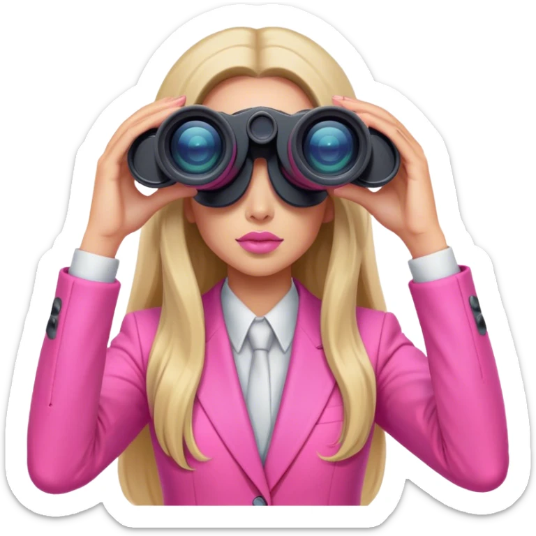 futuristic-looking woman with long hair in an intensive color pink suit looking through binoculars sticker