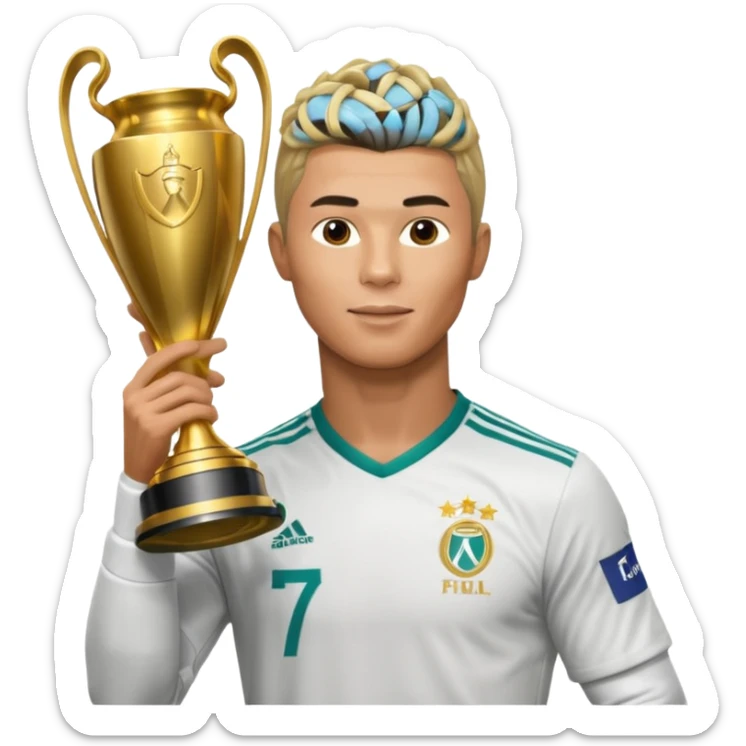 Cristiano Ronaldo holfing the champions league with noodle hair a bit longer noodle hair with a bit of blonde highlights and tge hair xoming down a bit sticker
