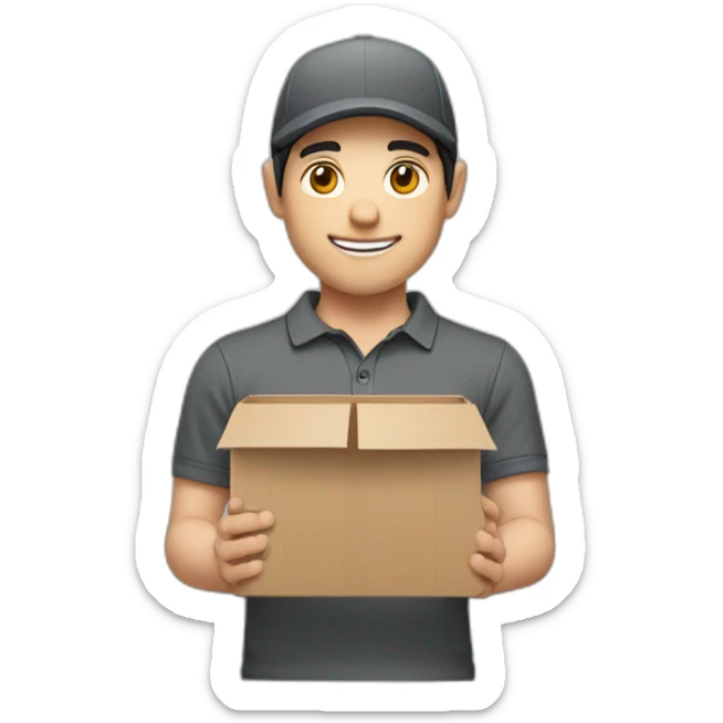Pale skinned Man with black hair in a gray cap and dark gray polo T-shirt keeping a box into his hands sticker