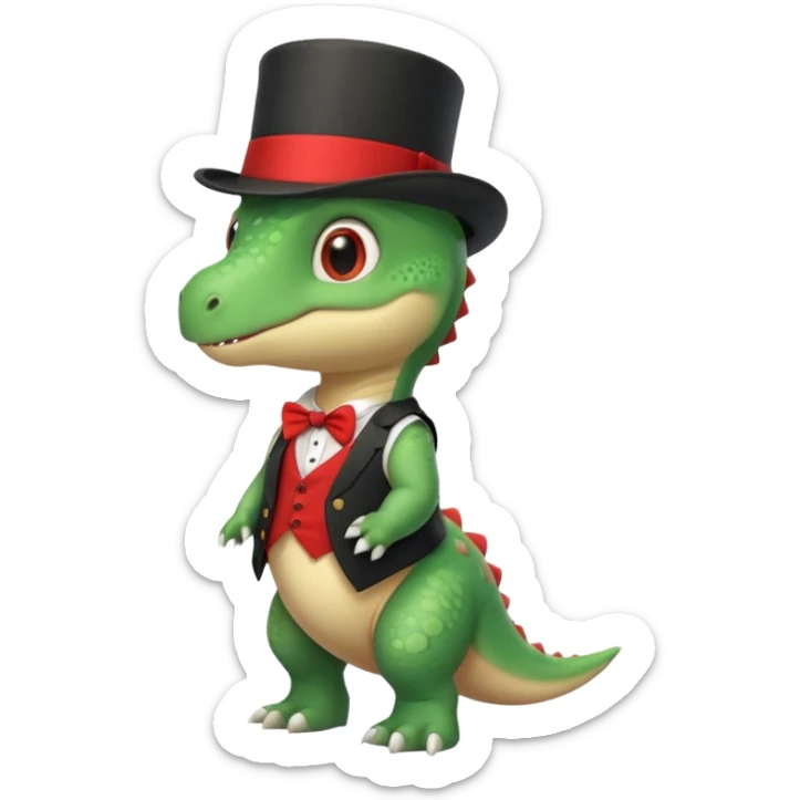 Steampunk:a very cute and adorable green anthropomorphic baby dinosaur with a red top hat sticker