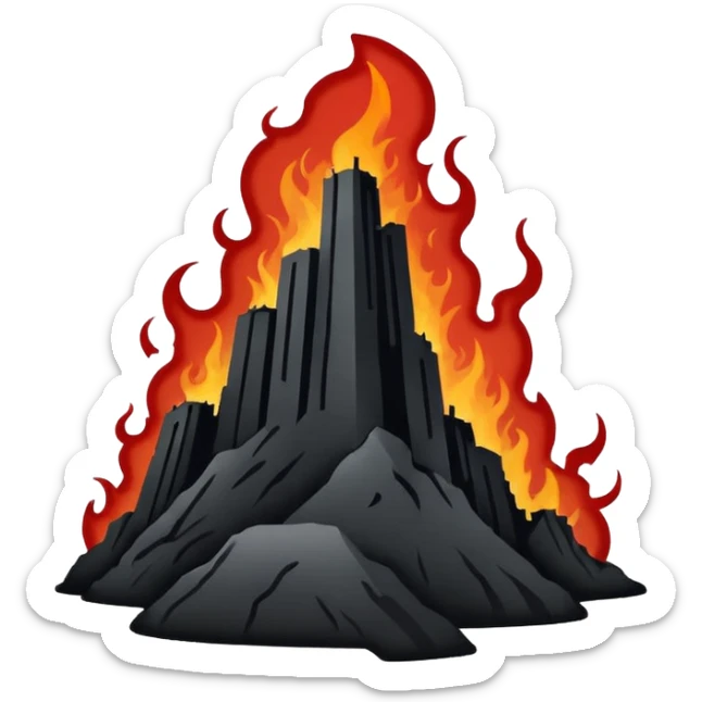 Minimalist emoji-style sticker of a silhouette of the Hollywood hill with ruined “HELLWOOD” sign, smoke and flickering flames in desaturated red

 sticker