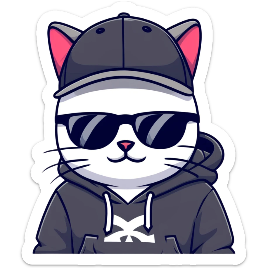 cat wearing a black snapback cap, black hoodie, and black sunglasses low on his nose that he is peering over, doing graffiti art with spray paint, street art style sticker