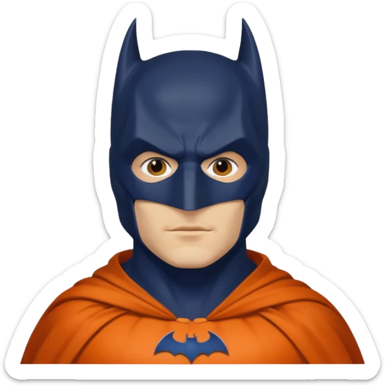 generate a batman emoji with just the face and neck showing and part of the cloak and and wings. Shade the mask in dark navy blue.  Shade the cloak in a solid vibrant orange. Shade the bat logo in a bright  olive green. sticker