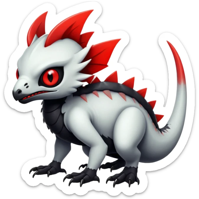 a white exotic edgy vernid-fionbr-Fakémon-creature, with black belly and red eyes, full body sticker