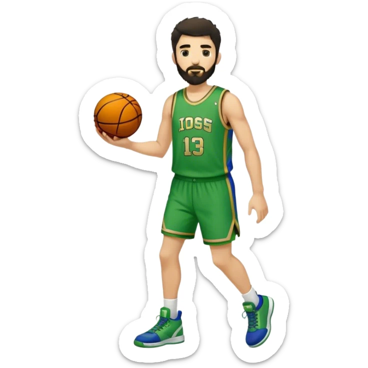 Full Body  white male basketball player with short shaggy dark hair and  close shave gold tee beard  wearing blue and green uniform sticker