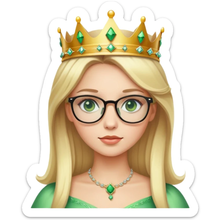 beautiful princess with blonde hair, striking green eyes, wearing glasses and a crown sticker