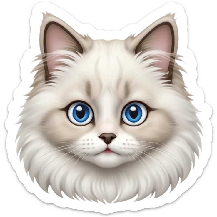 cinematic-adorable-big-eyed-fluffy-ragdoll-cat-portrait-emoji,-head-tilted-playfully-with-a-sweet-expression,-fluffy-white and grey-fur,-simplified-yet-irresistibly-cute-features-with-large,-expression, blue eyed ragdoll cat sticker