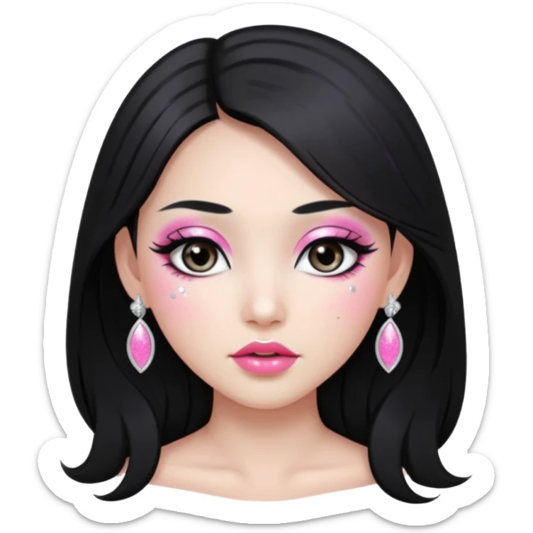 asian long black hair silver grey eyes glossy lips glittery white and pink eyeshadow girl sticker