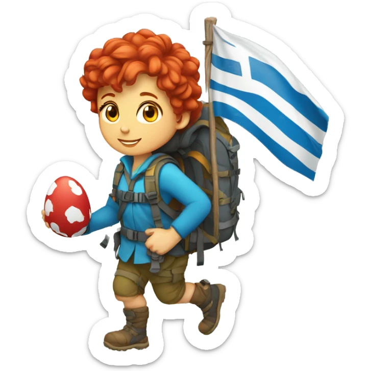 Female mountain climber red hair climbing with Greek flag on backpack and holding Easter eggs basket sticker