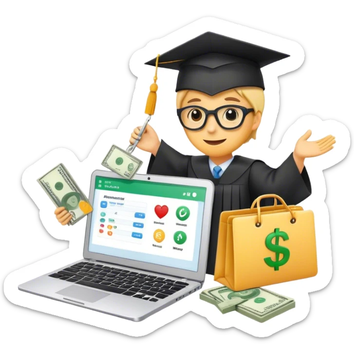 
*"Emoji-style illustration of making money online: a laptop, dollar bills, a smartphone, and social media icons like YouTube and TikTok."*training: a laptop with a shopping cart icon, a graduation cap, and a person teaching online with charts and money symbols."* sticker