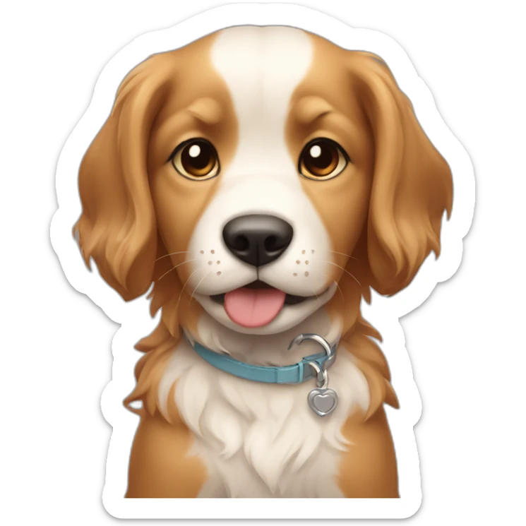 Caramel and white puppy with long hair with a collar around the neck written "Malu" sticker
