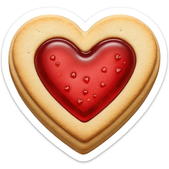 Realistic shortbread cookie in the shape of a heart with red jelly middle filling and sprinkled powder sugar on top. sticker