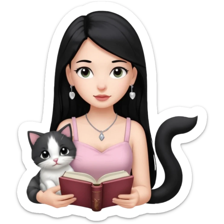 Menina branca ,cabelos pretos longos, olhos pretos puxados para cima. Cílios longos, lábios grossos ,nariz pequeno ,vestido rosa claro de alça. Colar e brinco bem pequeno. Lendo um livro com gatinho preto e branco. sticker